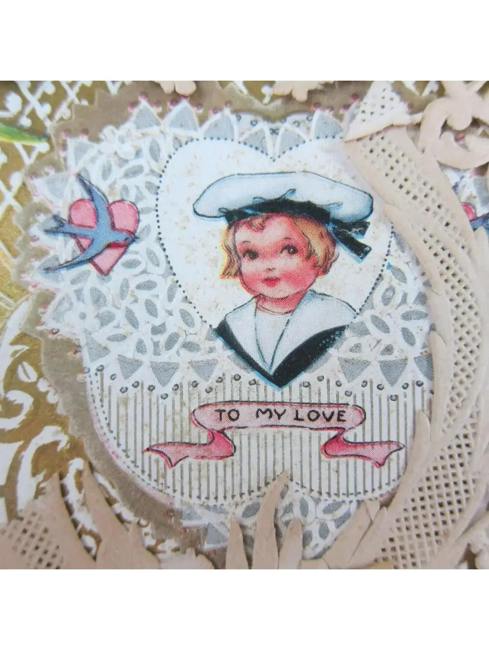Antique Valentine Die cut Heart LARGE Boy Sailor Angel Girl Fishing UNSIGNED